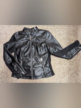 Faux Leather Moto Jacket Stretch Panels Size M